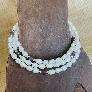 Fresh Water Pearl Amethyst Beaded Wire Multi Layer Bracelet OS